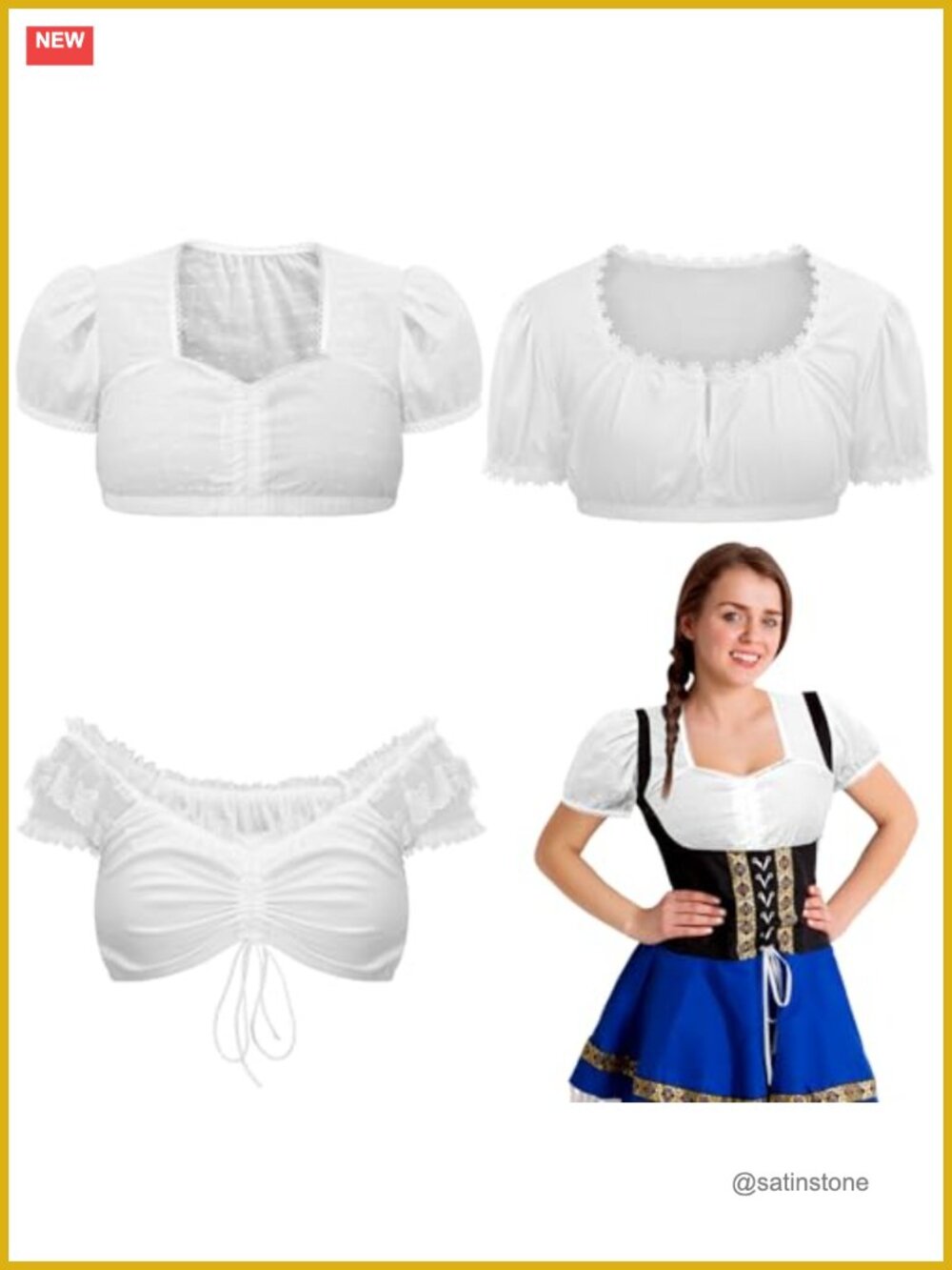 3-Pack Dirndl Blouse White Traditional Bavarian Lace Off Shoulder